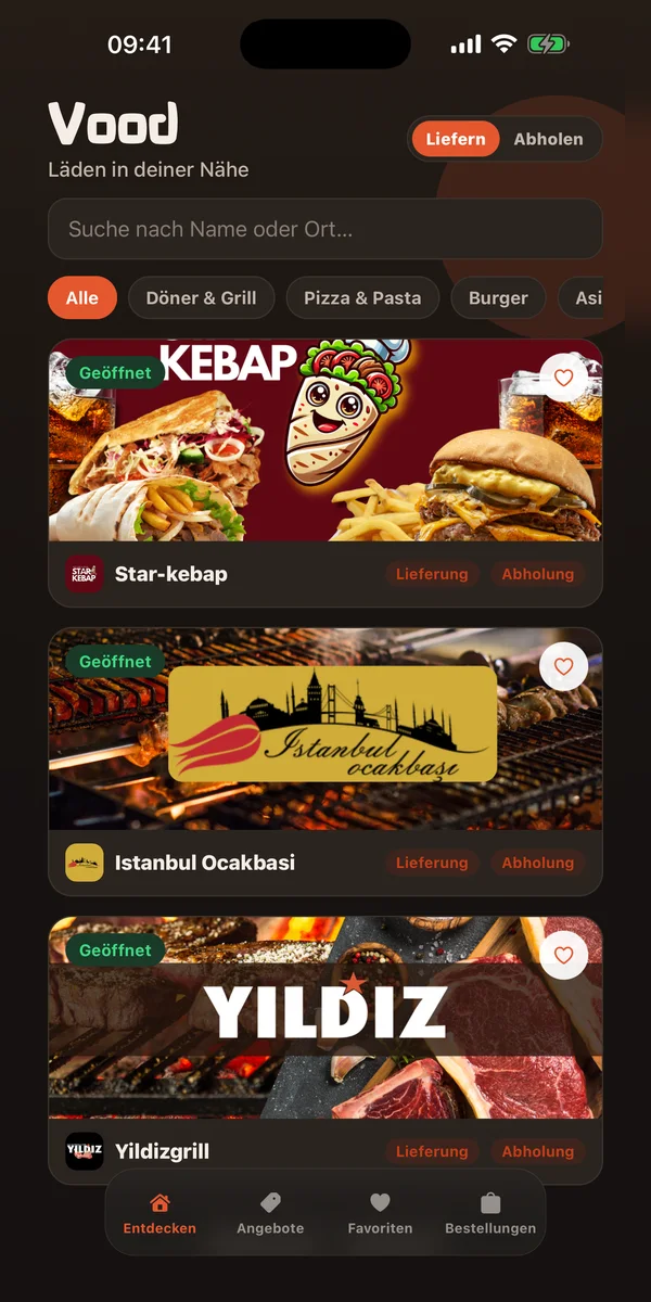 Vood-App: Startseite mit Läden in deiner Nähe, Filtern nach Küche und Lieferung oder Abholung