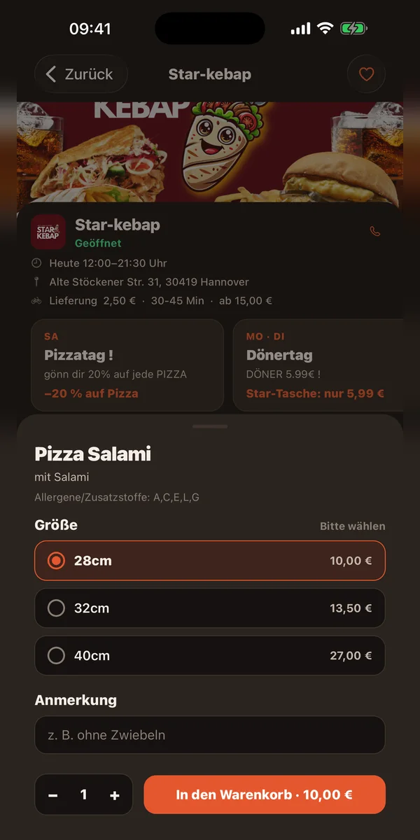 Vood-App: Pizza Salami mit Auswahl der Größe und Feld für Anmerkungen