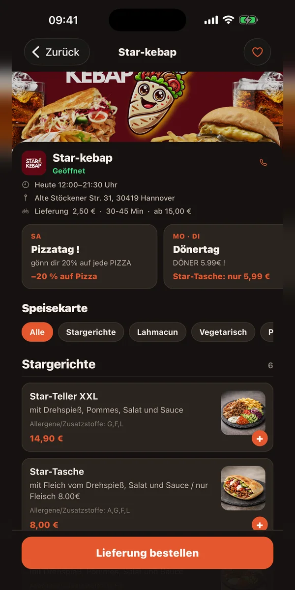 Vood-App: Laden-Ansicht mit Tagesangeboten wie Pizzatag und Dönertag