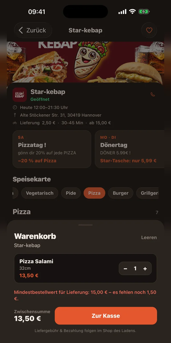 Vood-App: Warenkorb mit Gesamtsumme und Button „Zur Kasse“